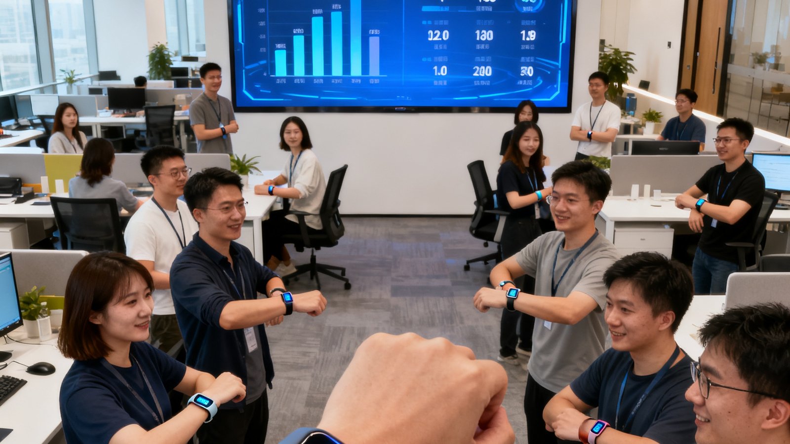 某科技公司办公室内景，数十名员工佩戴运动手环参加胜游企业健康挑战赛，大屏幕实时显示团队步数排行榜与累计卡路里消耗数据。