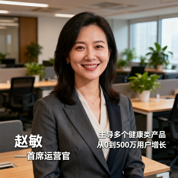 赵敏——首席运营官，36岁，曾主导多个健康类产品从0到500万用户的增长策略，在开放式办公室中自信微笑的女性形象。